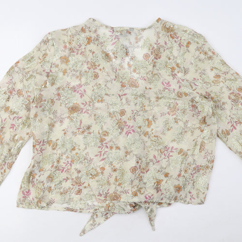 New Look Womens Beige Floral Viscose Cropped Blouse Size 12 V-Neck - Bow Detail, Sheer