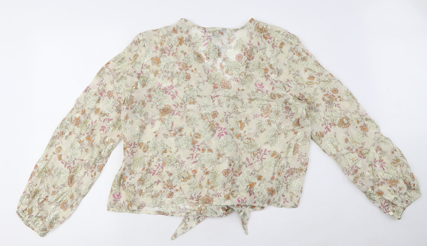 New Look Womens Beige Floral Viscose Cropped Blouse Size 12 V-Neck - Bow Detail, Sheer