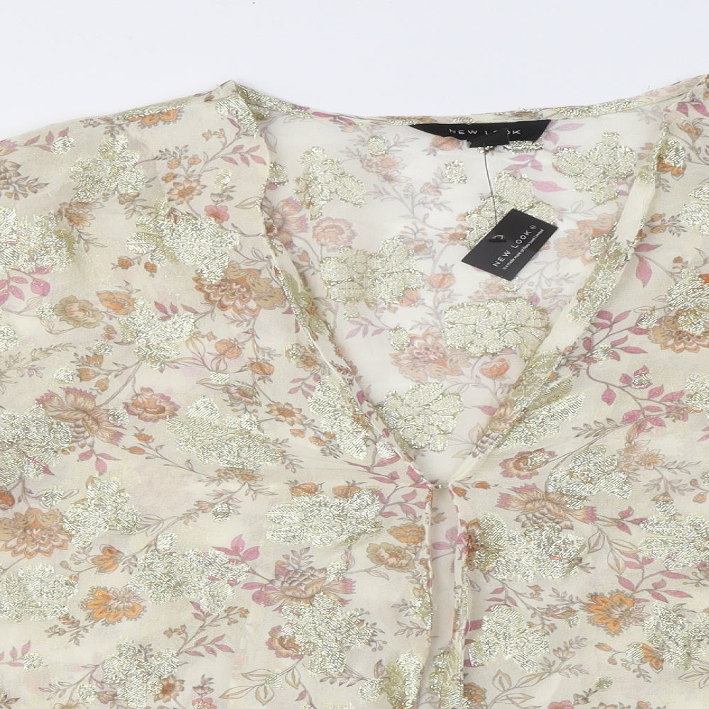 New Look Womens Beige Floral Viscose Cropped Blouse Size 12 V-Neck - Bow Detail, Sheer