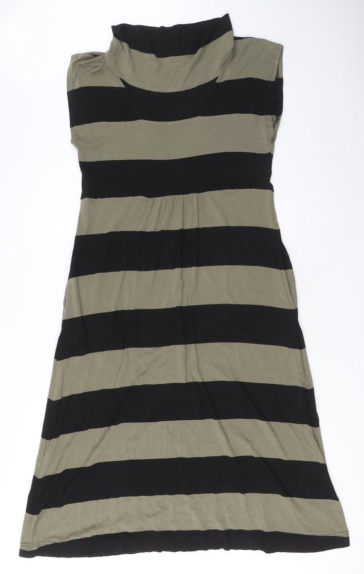 The Masai Womens Green Striped Viscose A-Line Size L Mock Neck Pullover - Pockets