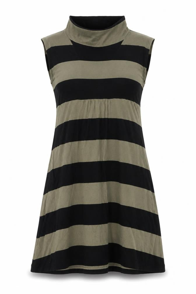 Front view of The Masai women’s green striped viscose a-line, size L, mock neck pullover - pockets