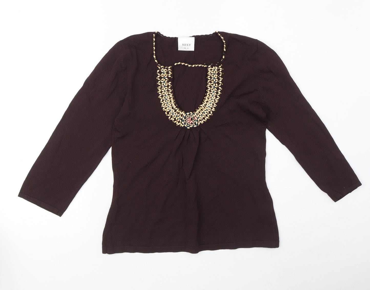 NEXT Womens Brown Viscose Basic Blouse Size 10 Square Neck - Beaded