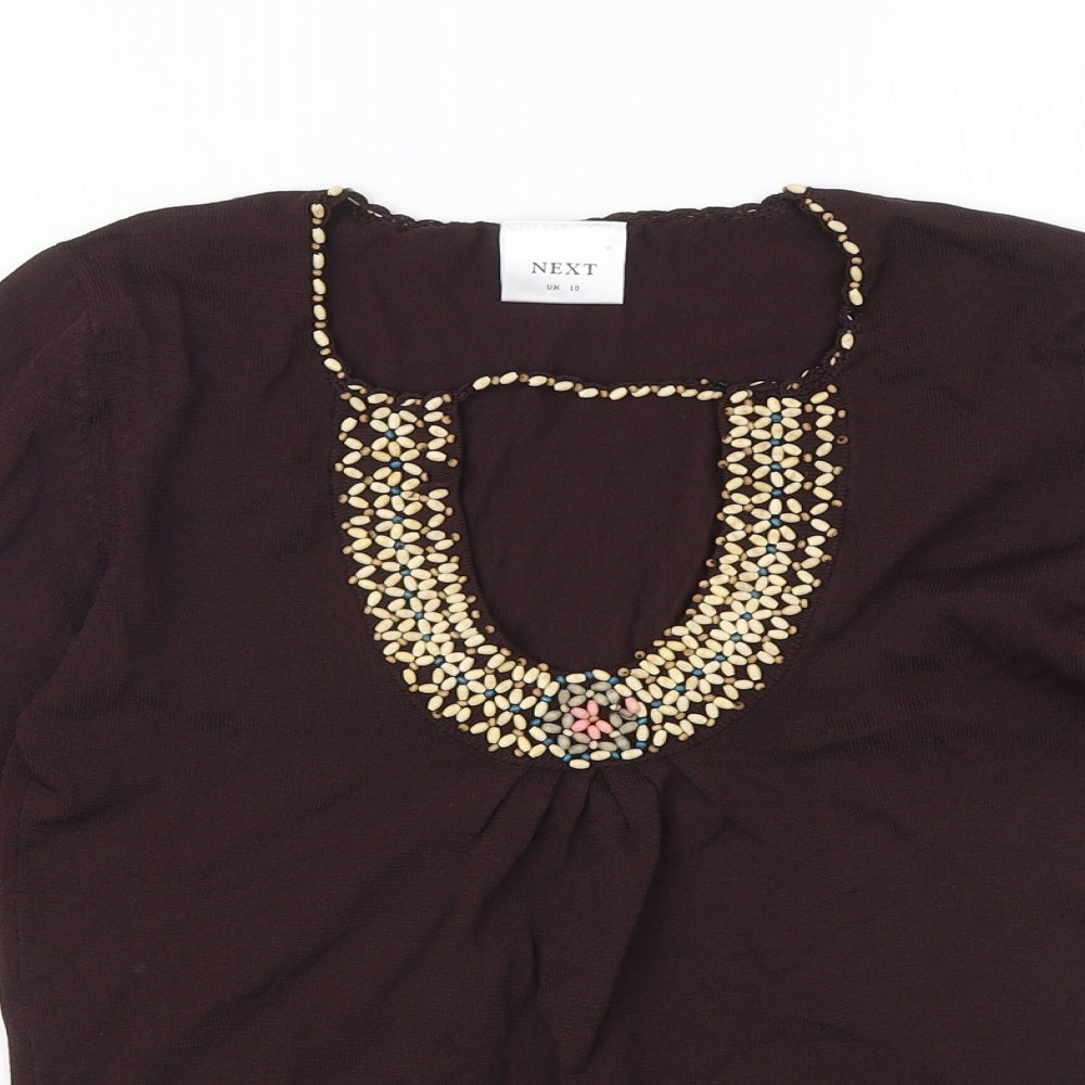 NEXT Womens Brown Viscose Basic Blouse Size 10 Square Neck - Beaded