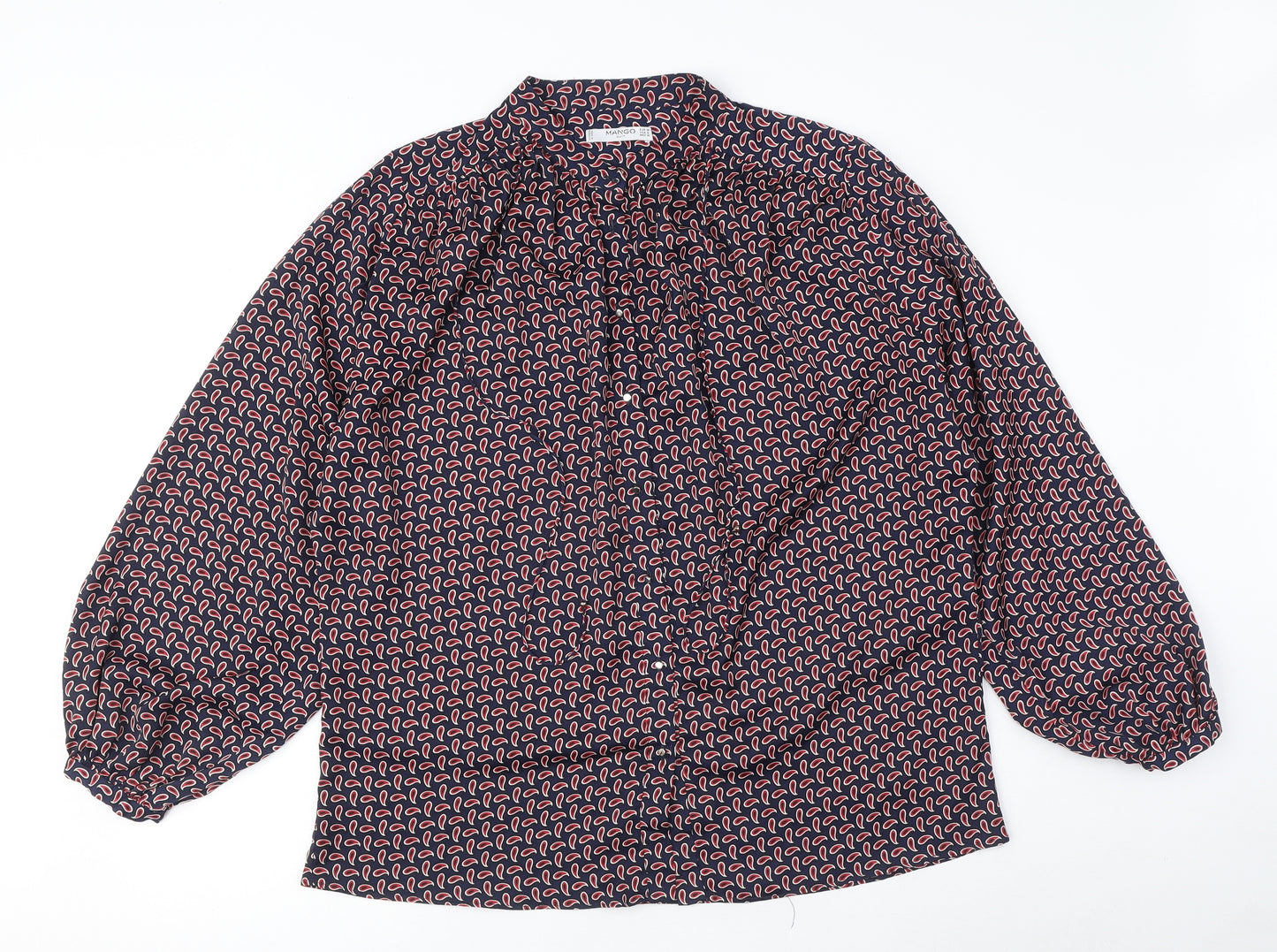 Mango Womens Blue Geometric Polyester Basic Blouse Size M V-Neck