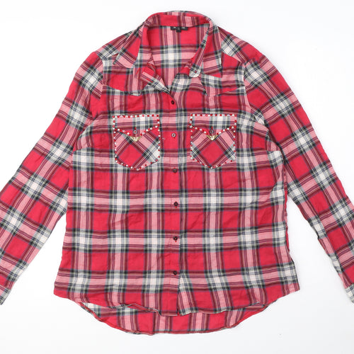 River Island Womens Red Plaid 100% Cotton Basic Button-Up Size 12 Collared - Embellished Pockets