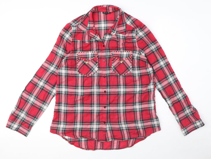 River Island Womens Red Plaid 100% Cotton Basic Button-Up Size 12 Collared - Embellished Pockets