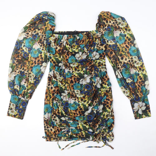 PRETTYLITTLETHING Womens Multicoloured Animal Print Polyester Mini Size 10 Square Neck Zip - Floral, Rushed detail