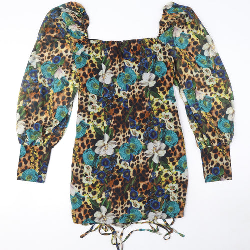 PRETTYLITTLETHING Womens Multicoloured Animal Print Polyester Mini Size 10 Square Neck Zip - Floral, Rushed detail