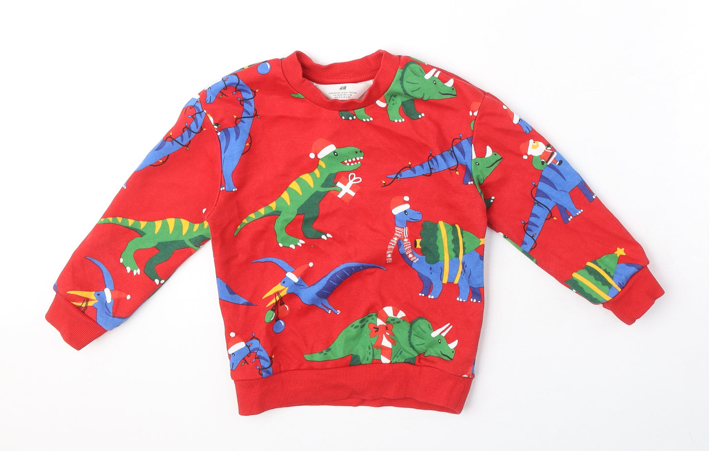 H&M Boys Red Geometric Cotton Pullover Sweatshirt Size 2 Years Pullover - 2-4 Years, Christmas Dinosaurs