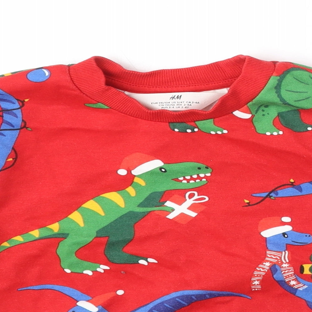 H&M Boys Red Geometric Cotton Pullover Sweatshirt Size 2 Years Pullover - 2-4 Years, Christmas Dinosaurs