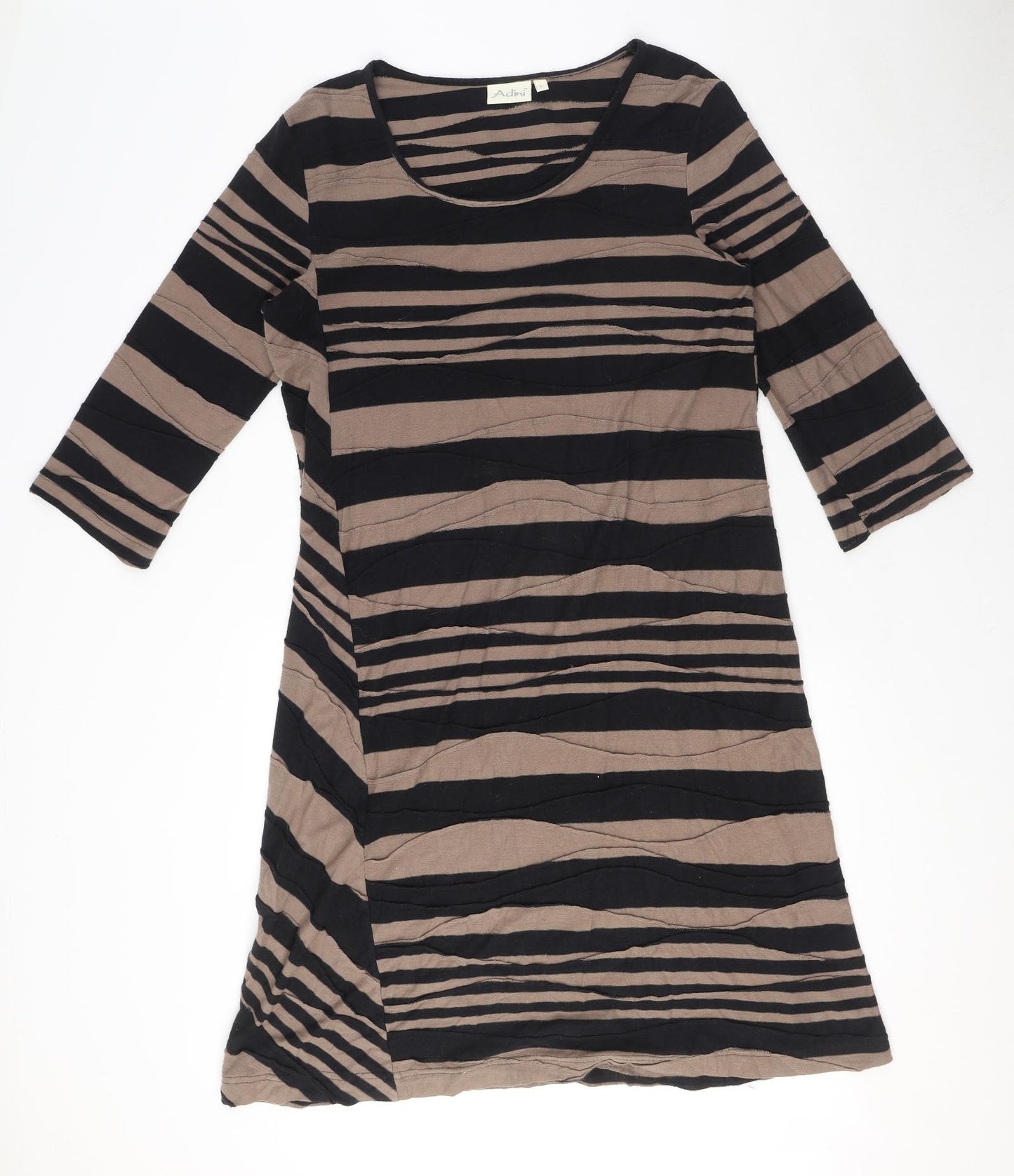 Adini Womens Brown Striped 100% Cotton A-Line Size L Round Neck Pullover