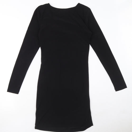 Topshop Womens Black Polyester Bodycon Size 10 Round Neck Pullover - Ruched detail