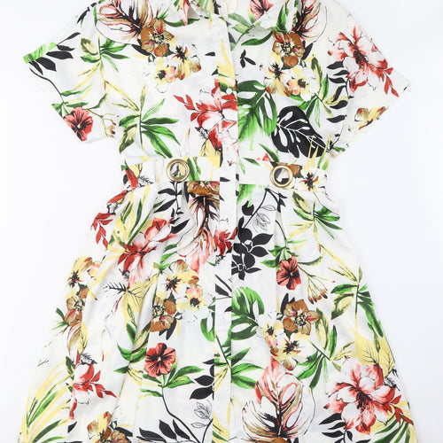 Elli White Womens Multicoloured Floral Polyester Shirt Dress Size S Collared Button - Ring Detail