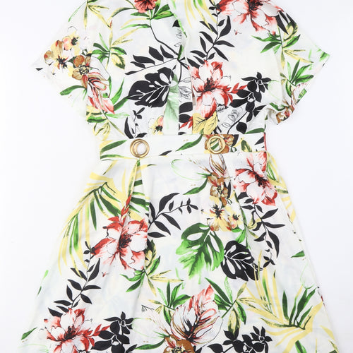 Elli White Womens Multicoloured Floral Polyester Shirt Dress Size S Collared Button - Ring Detail