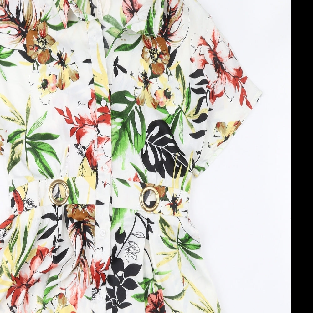 Elli White Womens Multicoloured Floral Polyester Shirt Dress Size S Collared Button - Ring Detail