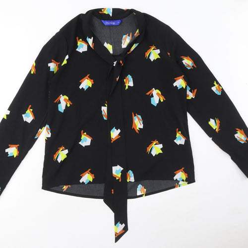 ynonyme Womens Black Geometric Polyester Basic Blouse Size S V-Neck - Tie Detail