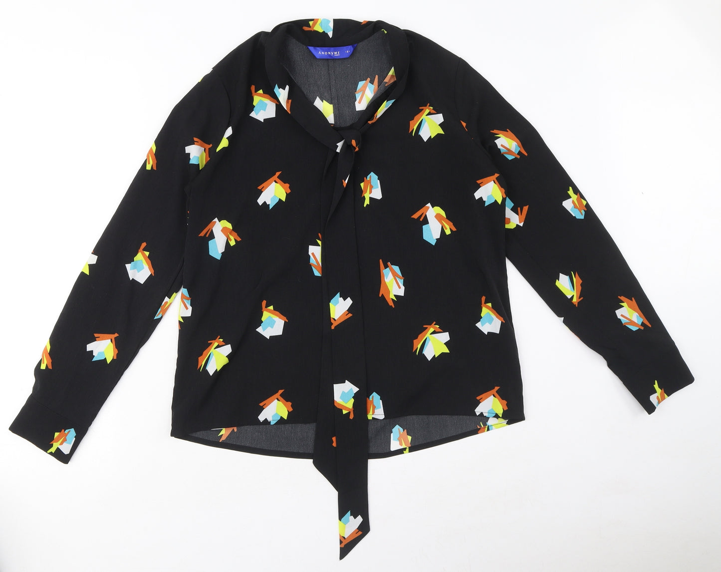 ynonyme Womens Black Geometric Polyester Basic Blouse Size S V-Neck - Tie Detail