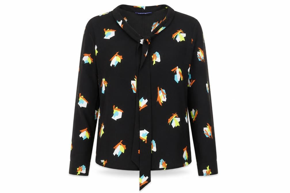 Front view of ynonyme women’s black geometric polyester basic blouse, size S, v-neck - tie detail