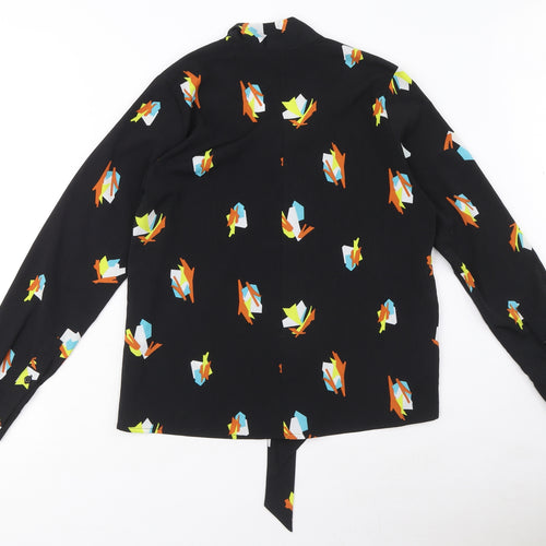 ynonyme Womens Black Geometric Polyester Basic Blouse Size S V-Neck - Tie Detail