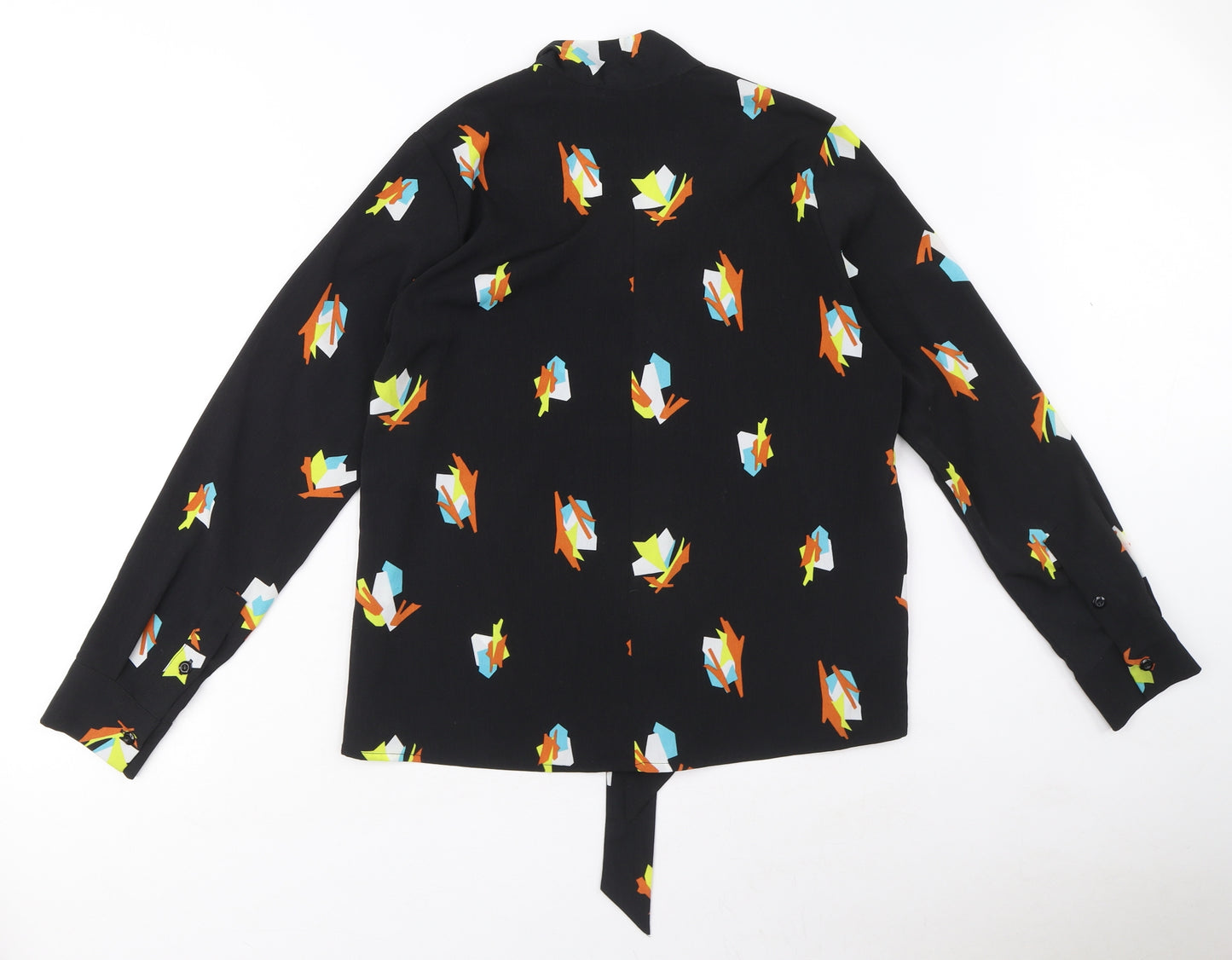 ynonyme Womens Black Geometric Polyester Basic Blouse Size S V-Neck - Tie Detail
