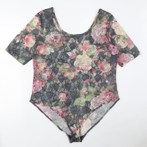 South Womens Grey Floral Polyester Bodysuit One-Piece Size 16 Snap