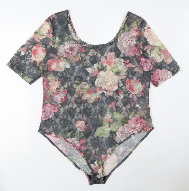 South Womens Grey Floral Polyester Bodysuit One-Piece Size 16 Snap