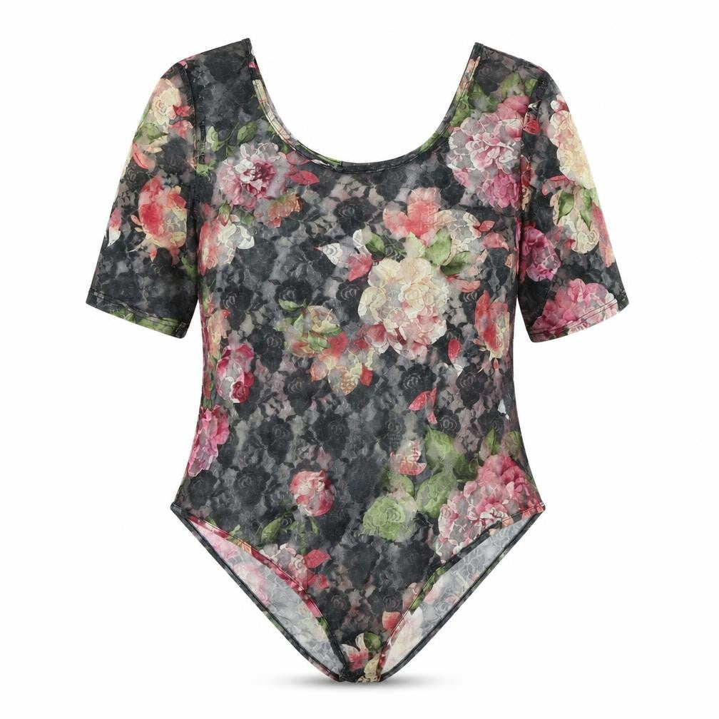 Front view of South women’s grey floral polyester bodysuit one-piece, size UK 16, snap