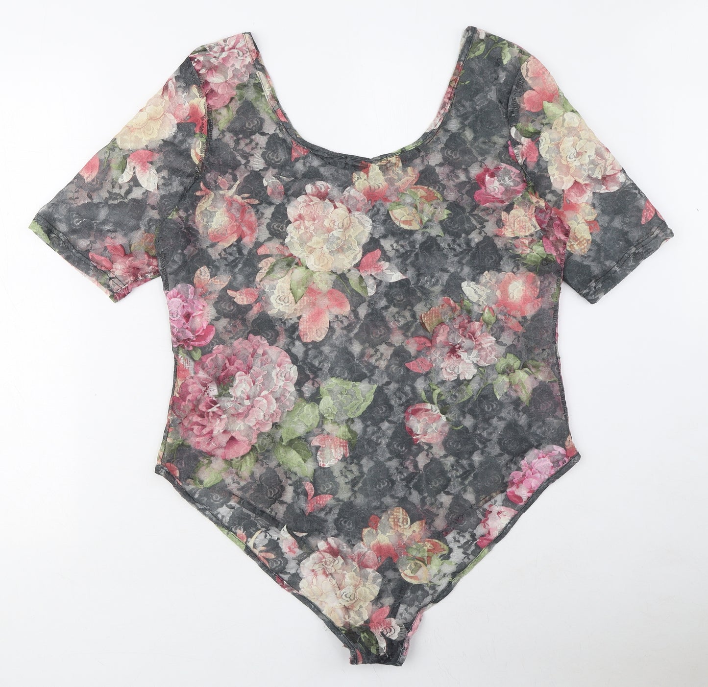 South Womens Grey Floral Polyester Bodysuit One-Piece Size 16 Snap