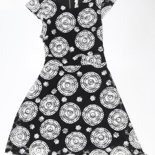 Stella Morgan Womens Black Floral Nylon Fit & Flare Size 14 V-Neck Zip - Tie detail