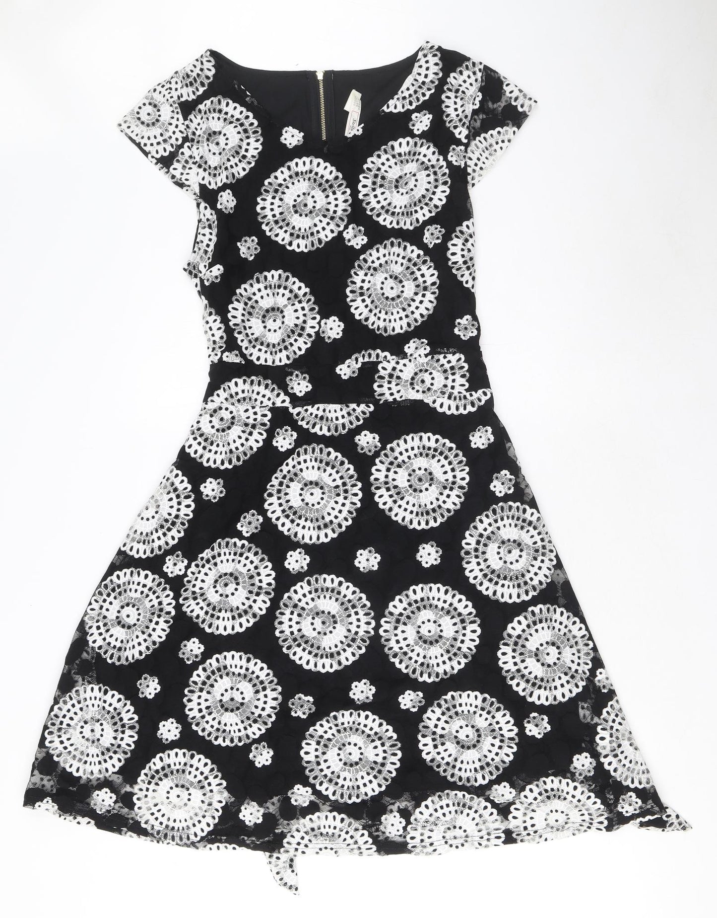 Stella Morgan Womens Black Floral Nylon Fit & Flare Size 14 V-Neck Zip - Tie detail