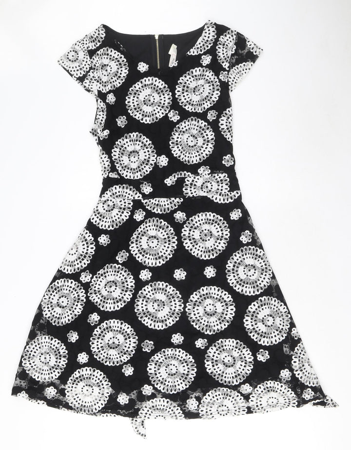 Stella Morgan Womens Black Floral Nylon Fit & Flare Size 14 V-Neck Zip - Tie detail