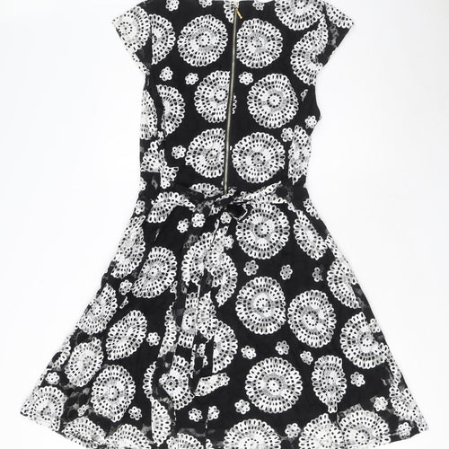 Stella Morgan Womens Black Floral Nylon Fit & Flare Size 14 V-Neck Zip - Tie detail