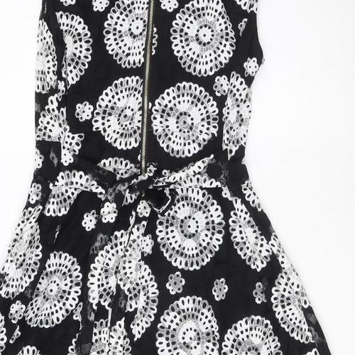 Stella Morgan Womens Black Floral Nylon Fit & Flare Size 14 V-Neck Zip - Tie detail