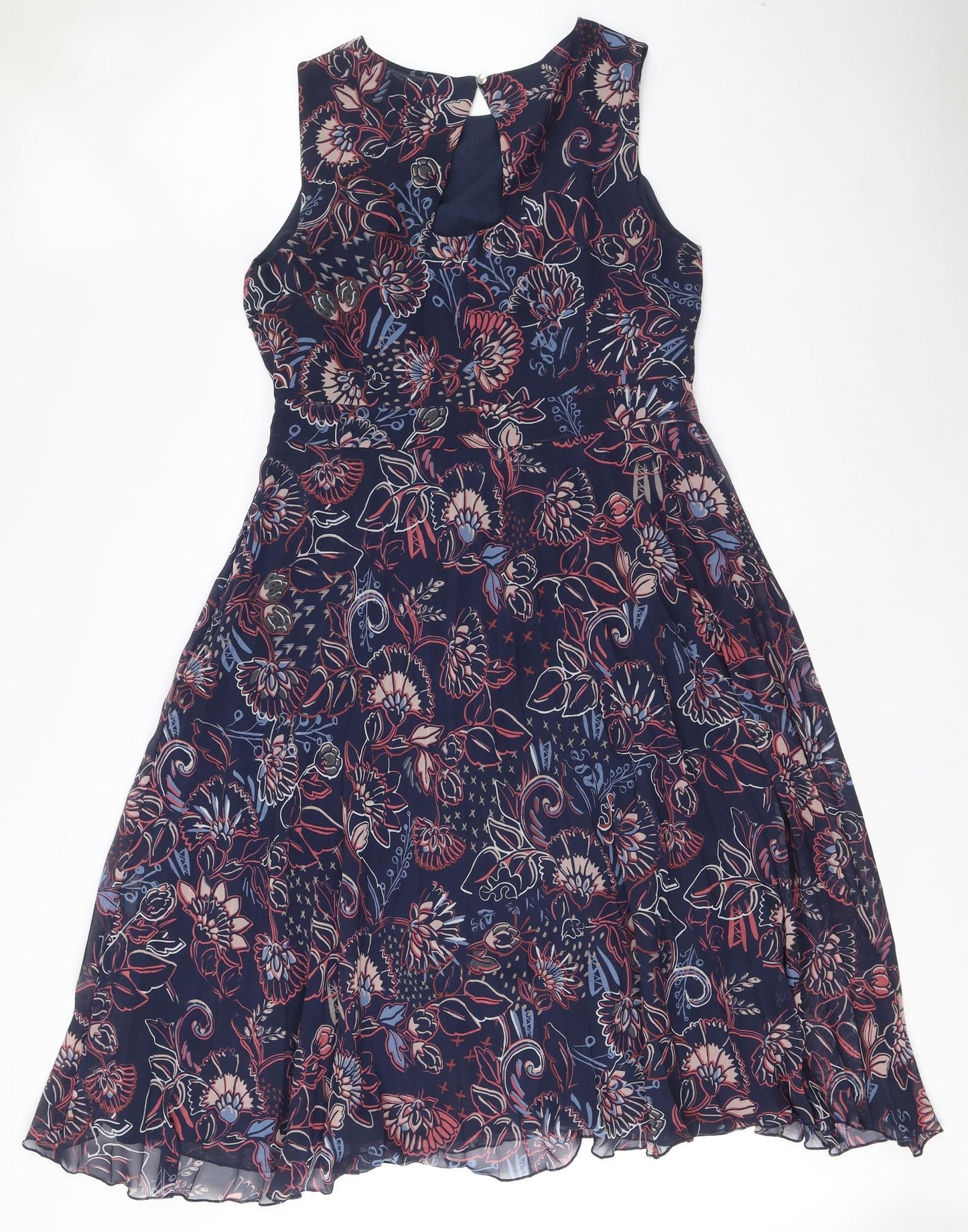 Per Una Womens Blue Floral Polyester A-Line Size 14 Round Neck Zip