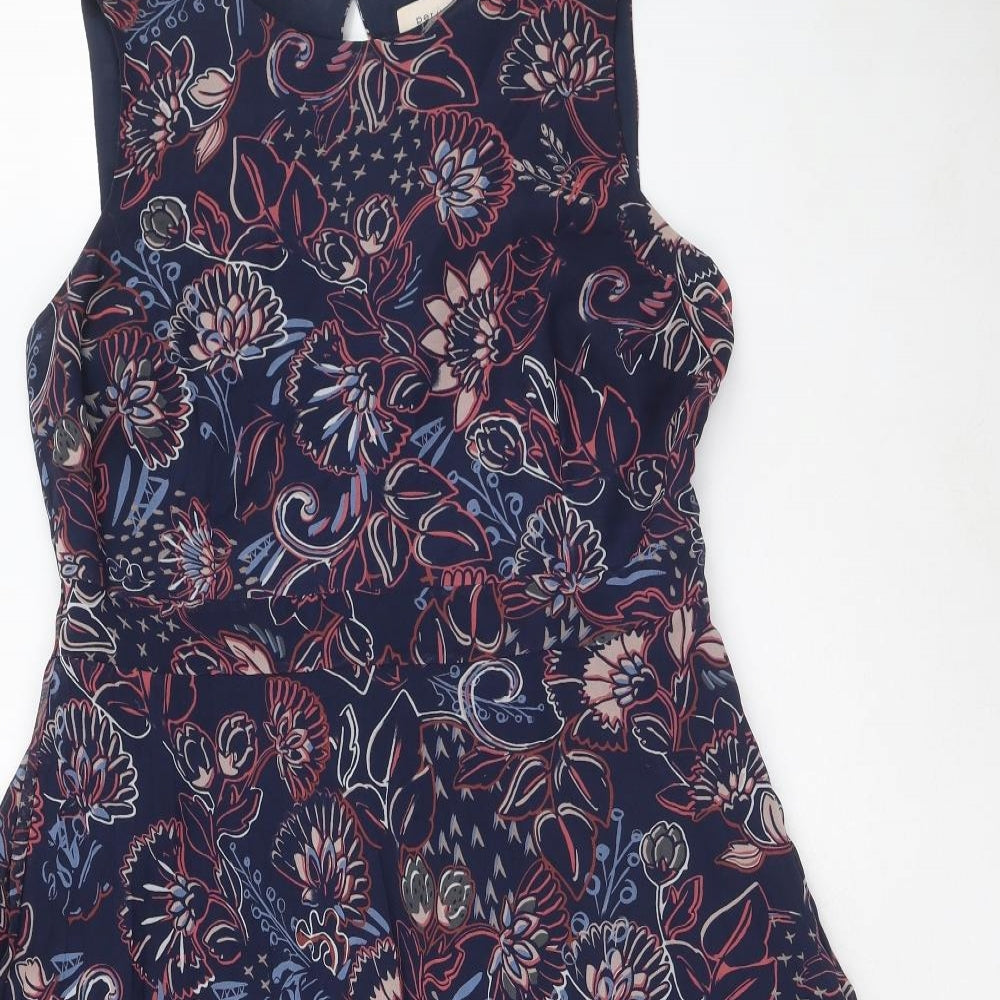 Per Una Womens Blue Floral Polyester A-Line Size 14 Round Neck Zip