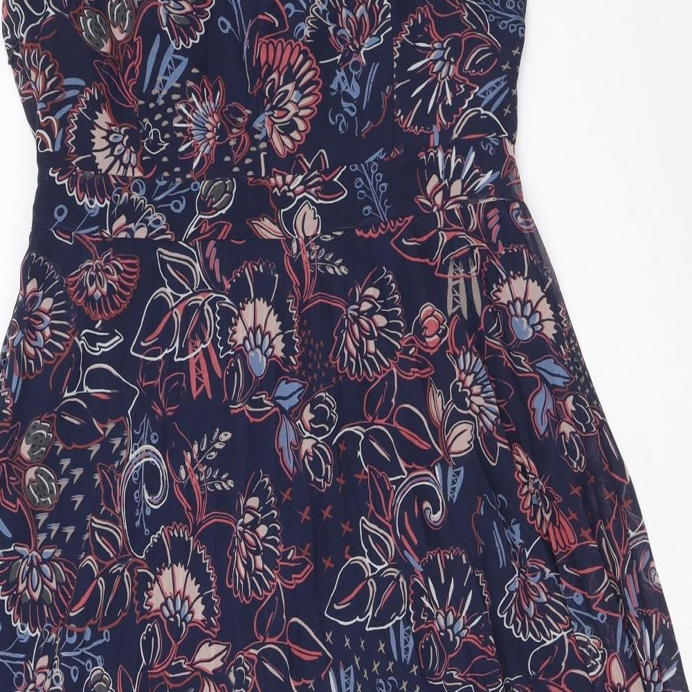 Per Una Womens Blue Floral Polyester A-Line Size 14 Round Neck Zip