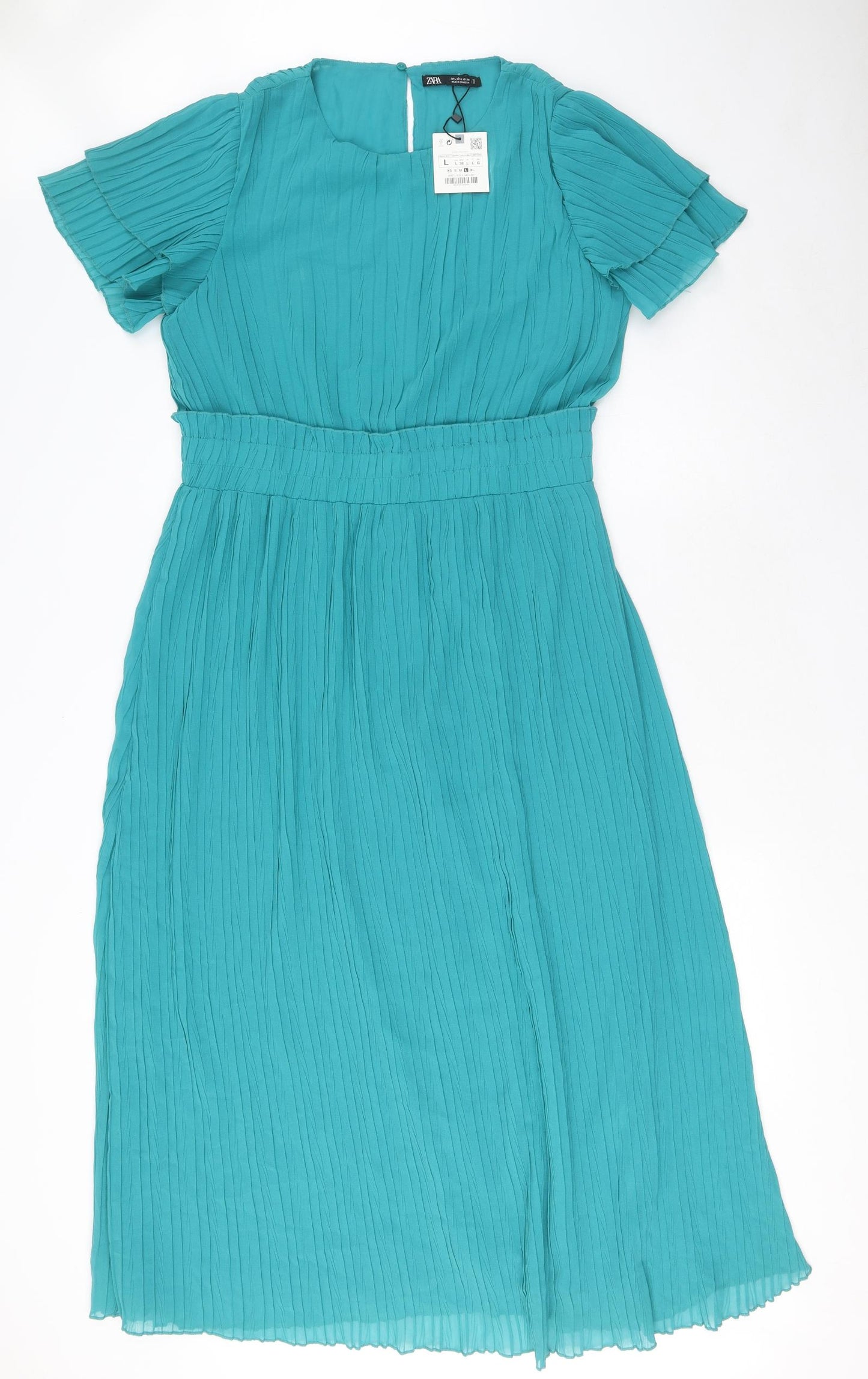 Zara Womens Blue Polyester A-Line Size L Round Neck Button - Textured