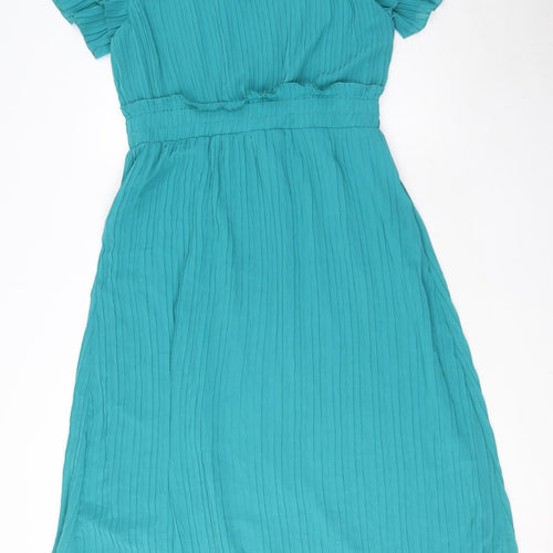 Zara Womens Blue Polyester A-Line Size L Round Neck Button - Textured