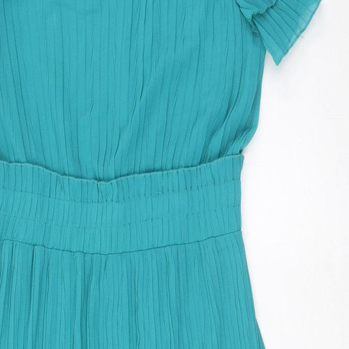 Zara Womens Blue Polyester A-Line Size L Round Neck Button - Textured