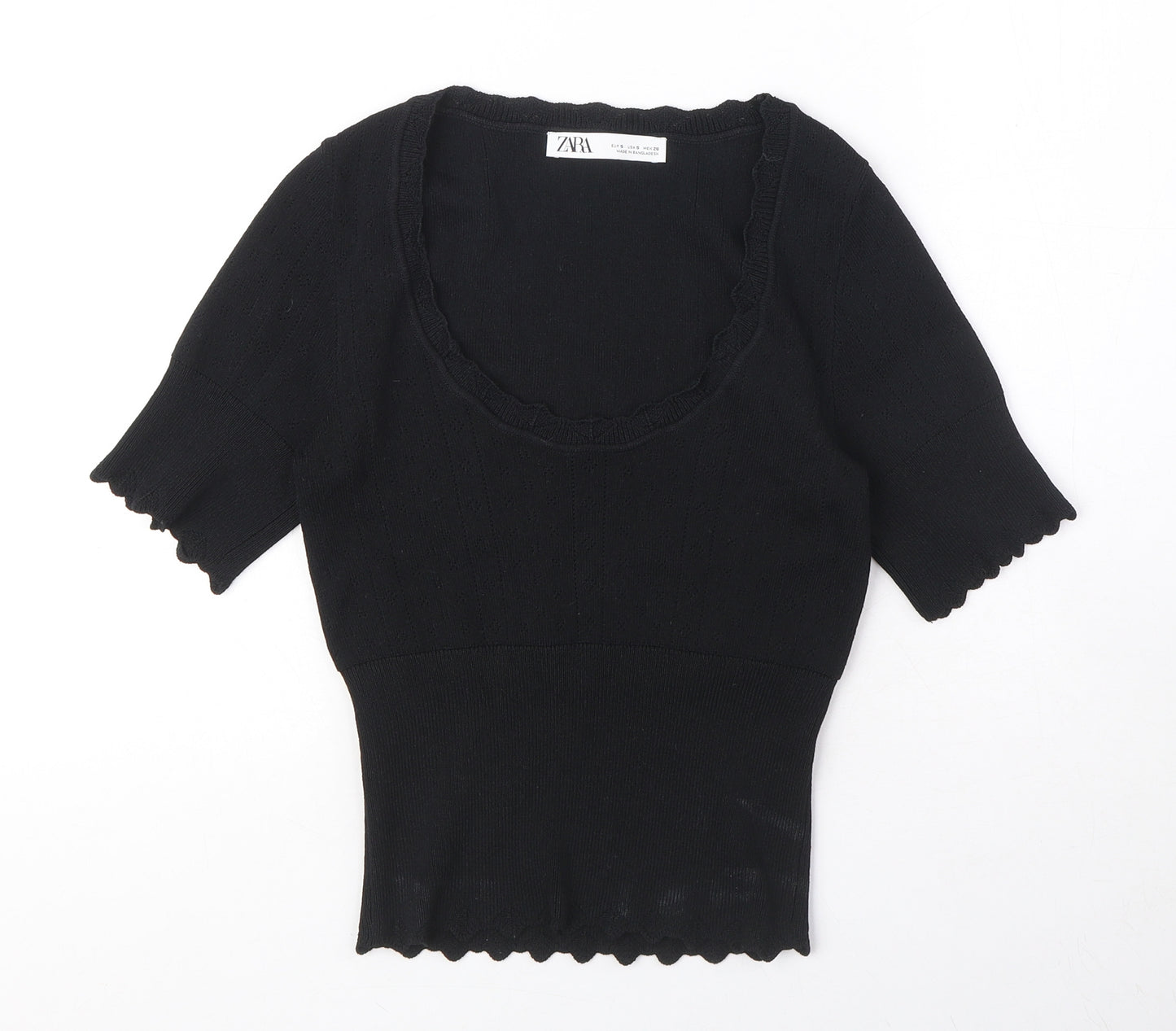 Zara Womens Black Viscose Basic T-Shirt Size S Scoop Neck