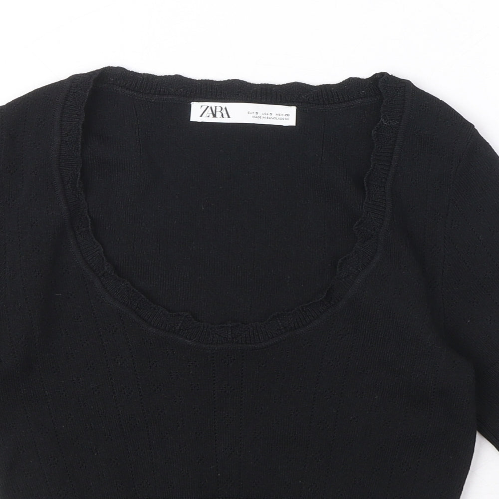 Zara Womens Black Viscose Basic T-Shirt Size S Scoop Neck