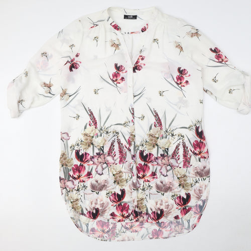 Wallis Womens White Floral Polyester Shirt Dress Size M V-Neck Button