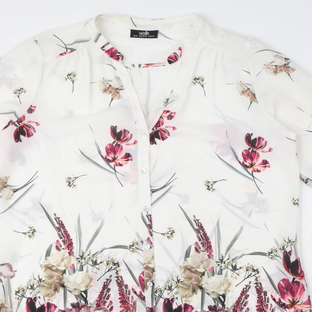 Wallis Womens White Floral Polyester Shirt Dress Size M V-Neck Button