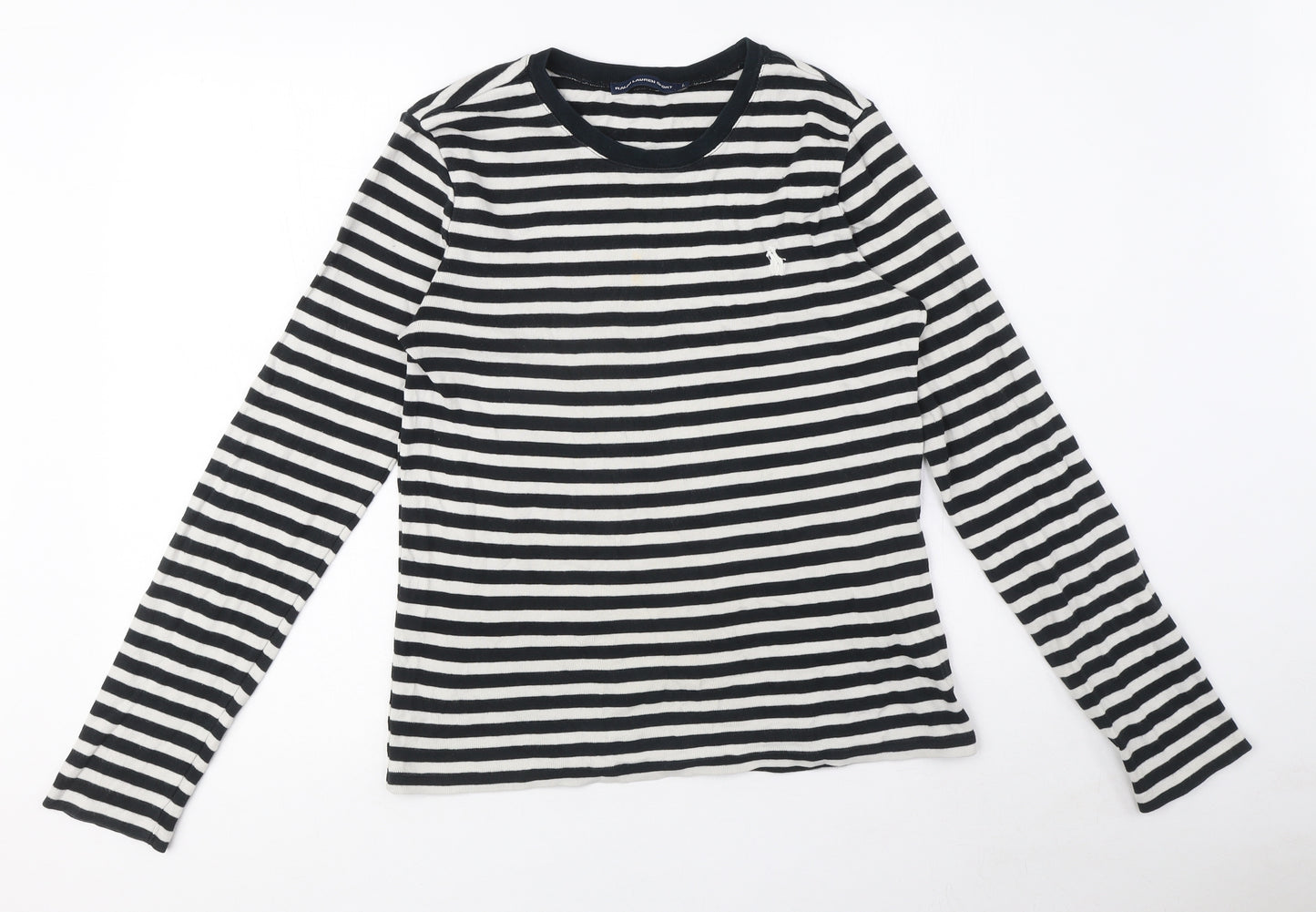 Ralph Lauren Sport Womens White Striped 100% Cotton Basic T-Shirt Size L Round Neck - Embroided logo