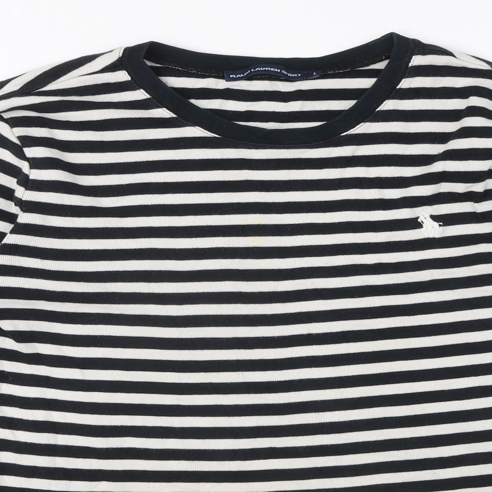 Ralph Lauren Sport Womens White Striped 100% Cotton Basic T-Shirt Size L Round Neck - Embroided logo