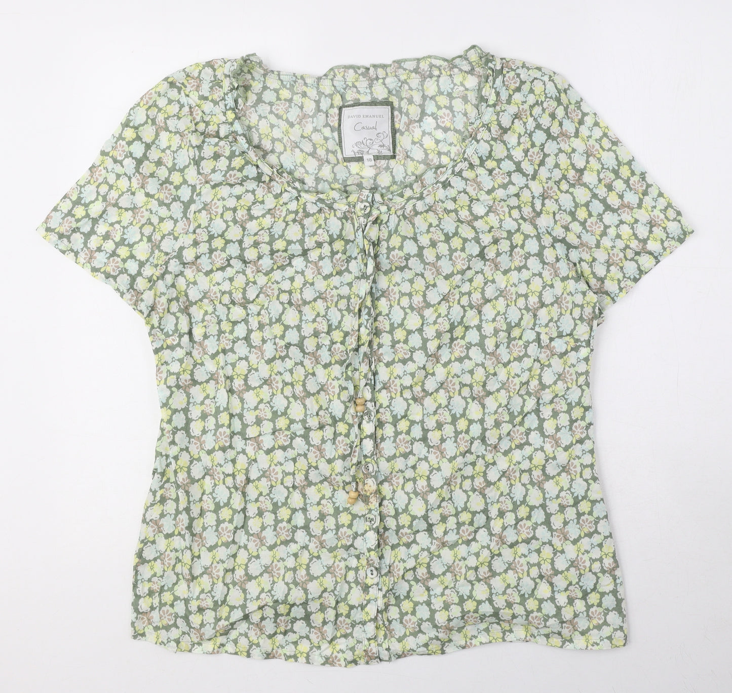 DAVID EMANUEL Womens Green Floral 100% Cotton Basic Blouse Size 18 Round Neck