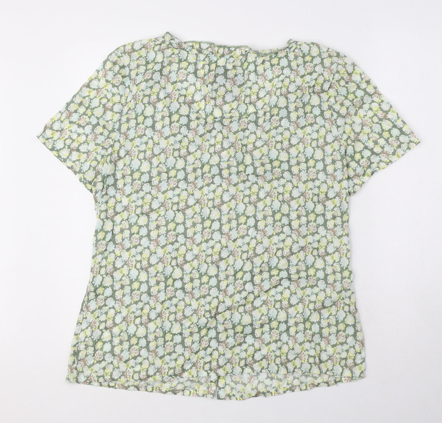 DAVID EMANUEL Womens Green Floral 100% Cotton Basic Blouse Size 18 Round Neck
