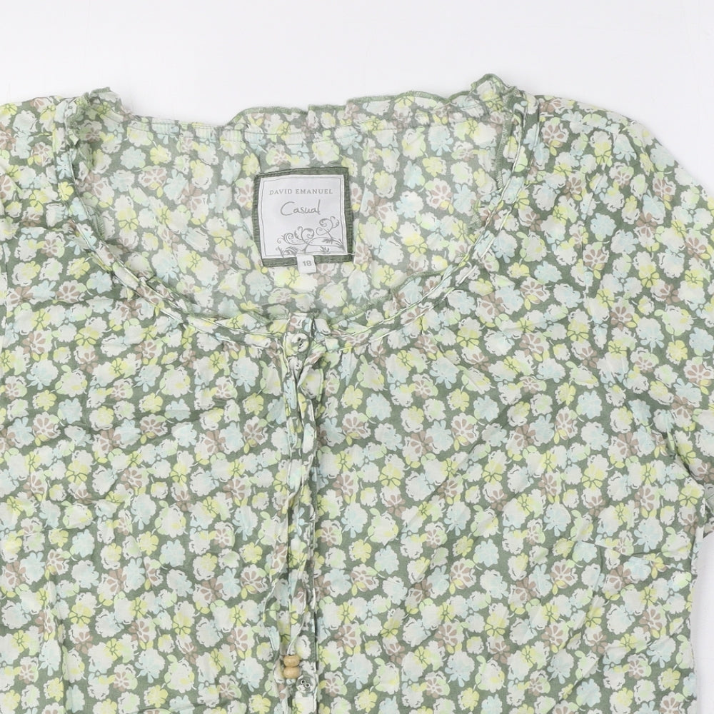 DAVID EMANUEL Womens Green Floral 100% Cotton Basic Blouse Size 18 Round Neck