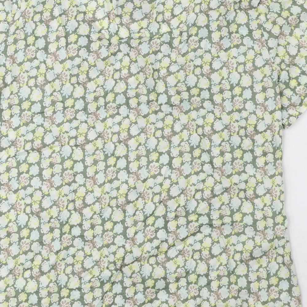DAVID EMANUEL Womens Green Floral 100% Cotton Basic Blouse Size 18 Round Neck