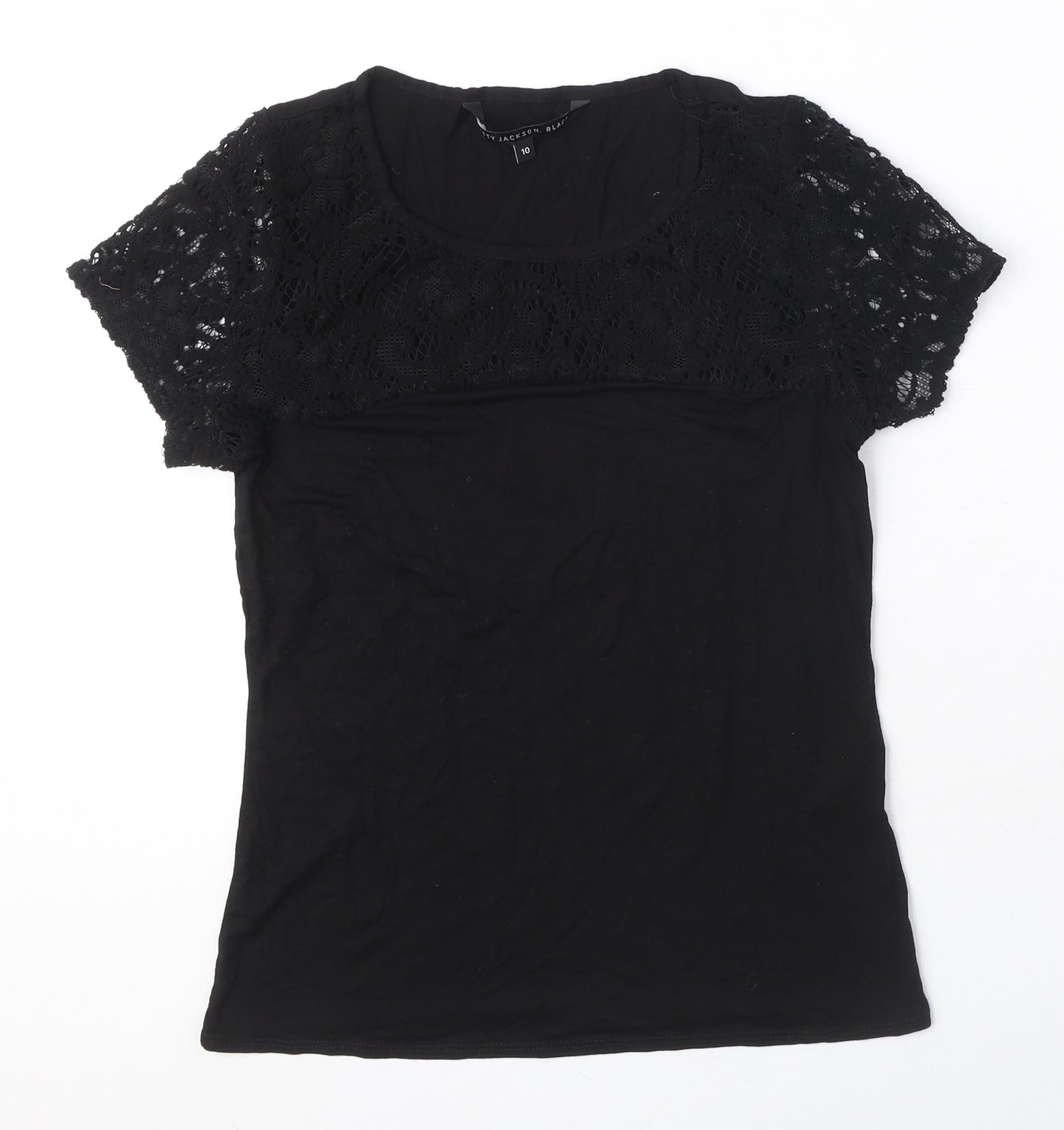 Betty Jackson Womens Black Viscose Basic T-Shirt Size 10 Round Neck - Lace Detail